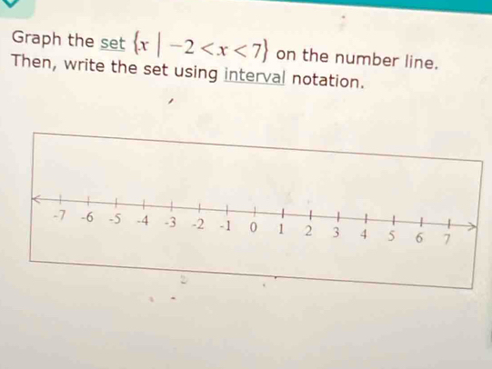 Graph the set x|-2 on the number line. 
Then, write the set using interval notation.