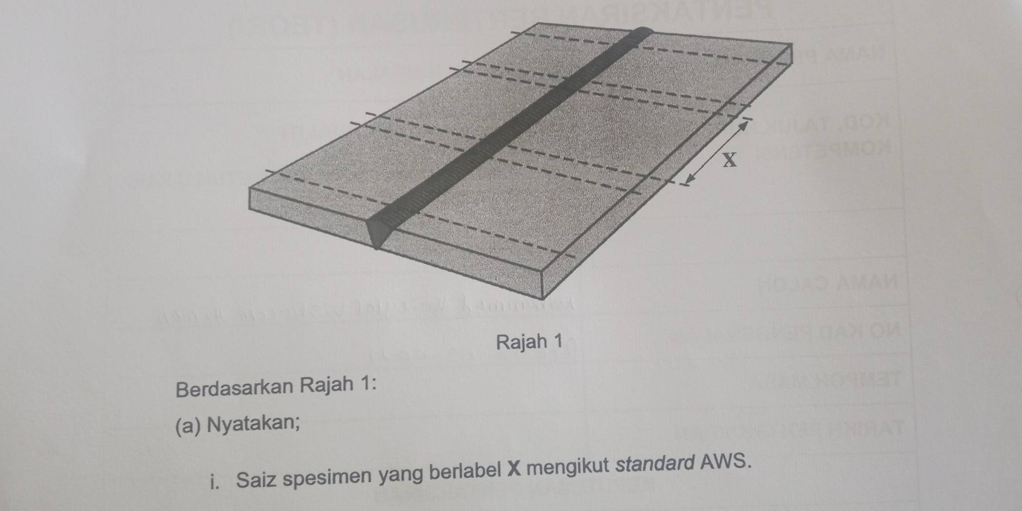 Rajah 1 
Berdasarkan Rajah 1: 
(a) Nyatakan; 
i. Saiz spesimen yang berlabel X mengikut standard AWS.