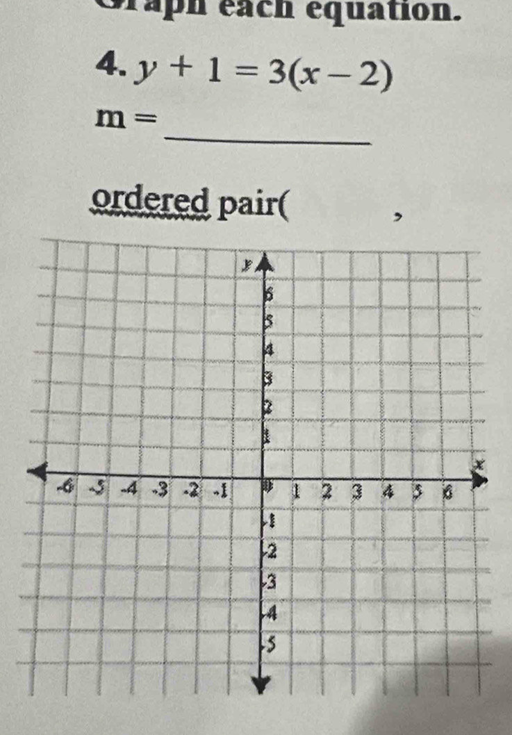 Graph each equation. 
4. y+1=3(x-2)
_
m=
ordered pair(