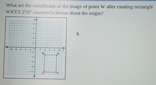 Solved: What are the coordinates of the image of point W after rotating ...