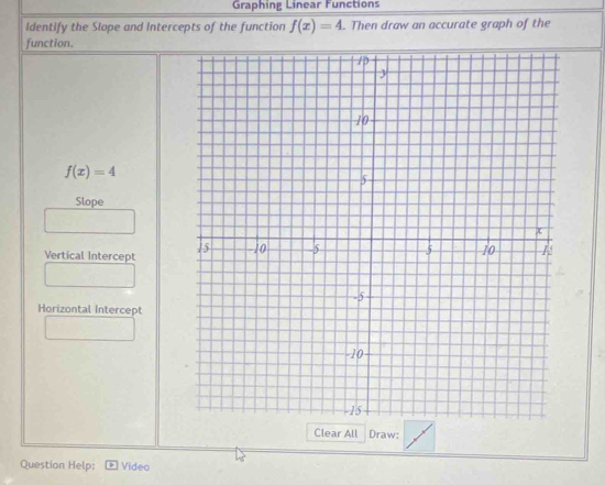 Graphing Linear Functions 
Identify the Slope and Intercepts of the function f(x)=4. Then draw an accurate graph of the 
function.
f(x)=4
Slope 
Vertical Intercept 
Horizontal Intercept 
Clear All Draw: 
Question Help: Video