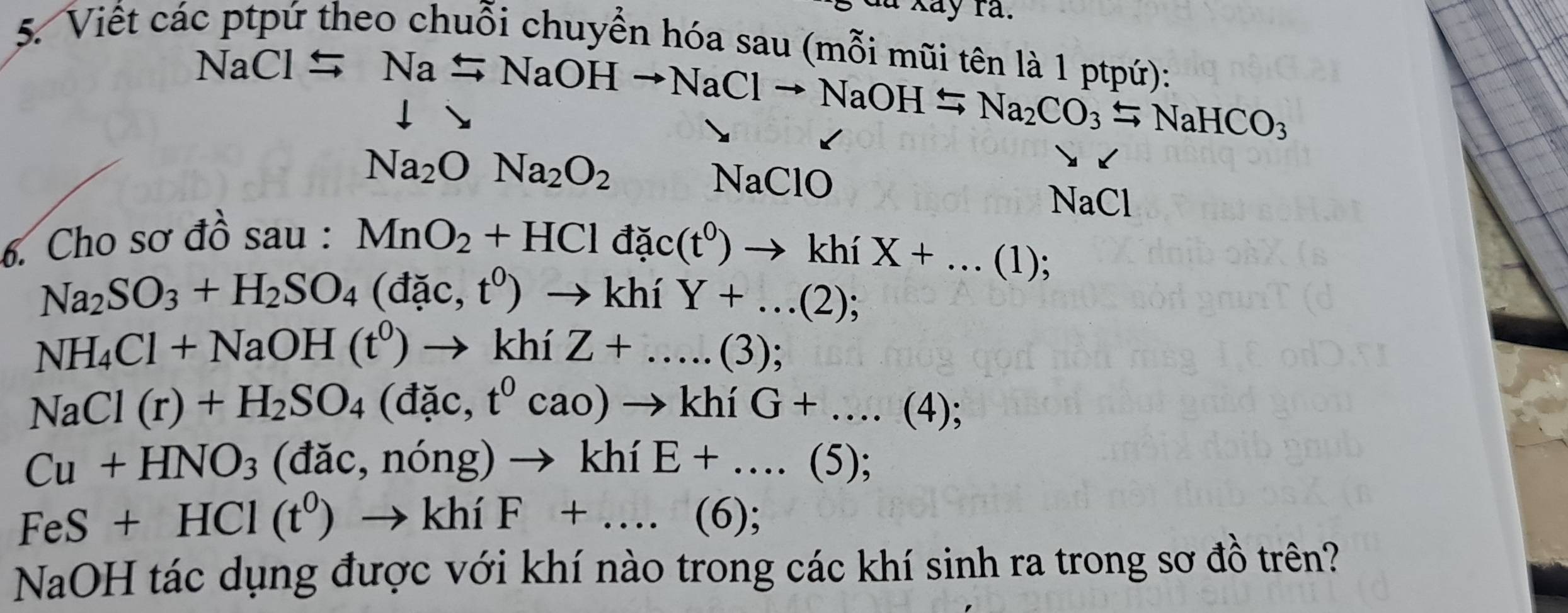 du Xãy rã. 
5. Viết các ptpứ theo chuỗi chuyển hóa sau( (mỗi mũi tên là 1 ptpứ):
NaClto Naxrightarrow NaOHto NaClto NaOHxrightarrow Na_2CO_3xrightarrow NaHCO_3
Na_2ONa_2O_2
NaClO
NaCl 
6. Cho sơ đồ sau :
MnO_2+HCldac(t^0)to khiX+...(1);
Na_2SO_3+H_2SO_4(dac,t^0)to khiY+...(2);
NH_4Cl+NaOH(t^0)to khiZ+....(3);
NaCl(r)+H_2SO_4(dac,t^0cao)to khiG+....(4);
Cu+HNO_3(dac,nong)to khiE+....(5);
FeS+HCl(t^0)to khiF+....(6); 
NaOH tác dụng được với khí nào trong các khí sinh ra trong sơ đồ trên?