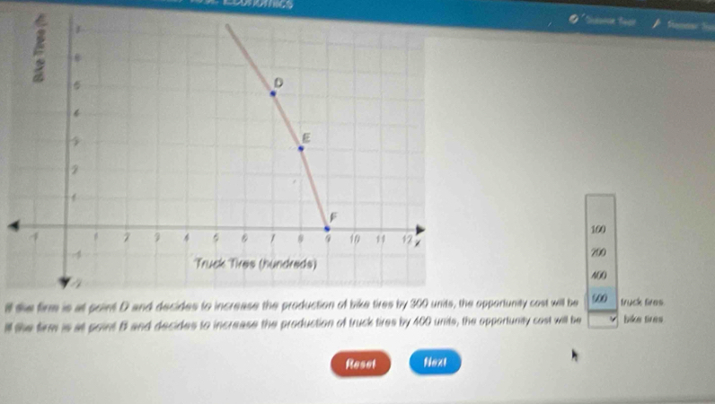 Sheande feair Stas S
100
200
A0O 
ll the firm is at point D and decides to increase the production of bike tires by 300 units, the opportunity cost will be 500 truck fires. 
ill the firm is at point B and decides to increase the production of truck tires by 400 units, the opportunity cost will be v bike tires 
Reset Next