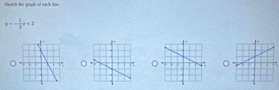 Sketch the graph of each line.
y=- 1/2 x+2