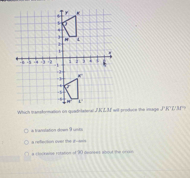 J'K'L'M'
a translation down 9 units
a reflection over the x--axis
a clockwise rotation of 90 degrees about the oridin