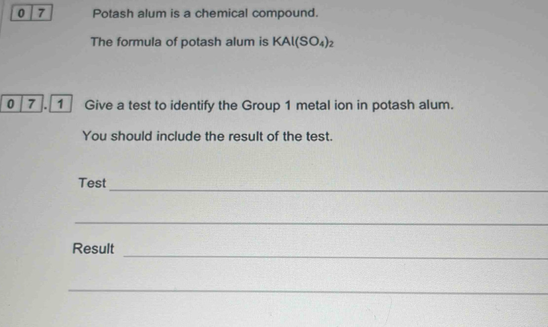 Solved: 0 7 Potash alum is a chemical compound. The formula of potash ...