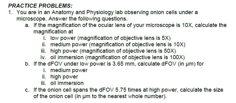 PRACTICE PROBLEMS: 
1. You are in an Anatomy and Physiology lab observing onion cells under a 
microscope. Answer the following questions. 
a. If the magnification of the ocular lens of your microscope is 10X, calculate the 
magnification at 
i. low power (magnification of objective lens is 5X) 
ii. medium power (magnification of objective lens is 10X) 
iii. high power (magnification of objective lens is 50X) 
iv. oil immersion (magnification of objective lens is 100X) 
b. If the dFOV under low power is 3.65 mm, calculate dFOV (in μm) for 
i. medium power 
ii. high power 
iii. oil immersion 
c. If the onion cell spans the dFOV 5.75 times at high power, calculate the size 
of the onion cell (in μm to the nearest whole number).