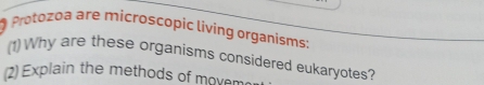 Protozoa are microscopic living organisms: 
(1)Why are these organisms considered eukaryotes? 
2)Explain the methods of movem