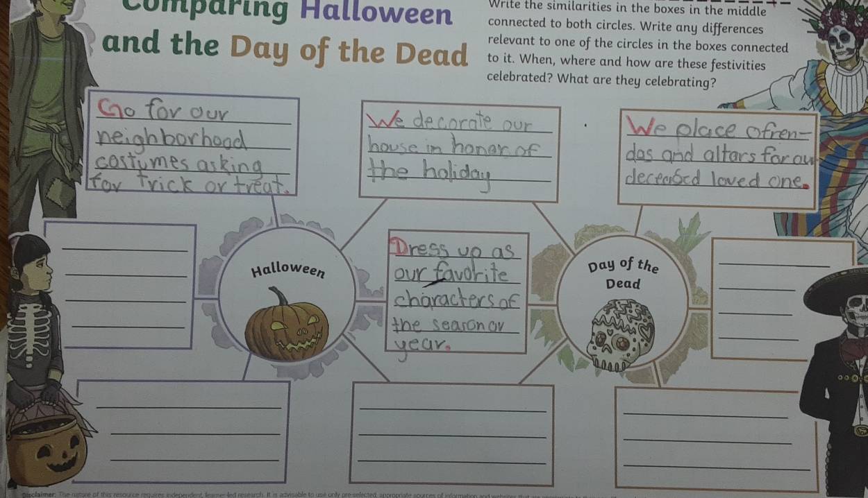 Write the similarities in the boxes in the middle 
Comparing Halloween connected to both circles. Write any differences 
relevant to one of the circles in the boxes connected 
and the Day of the Dead to it. When, where and how are these festivities 
celebrated? What are they celebrating? 
_ 
_ 
_. We place ofren-- 
_ 
_das grd alters for o 
_ 
_decrased loved one. 
_ 
_ 
_ 
_Halloween 
Day ofthe_ 
Dead 
_ 
_ 
_ 
_ 
_ 
_ 
_ 
_ 
_ 
_ 
a 
_ 
_ 
_ 
_ 
__ 
_