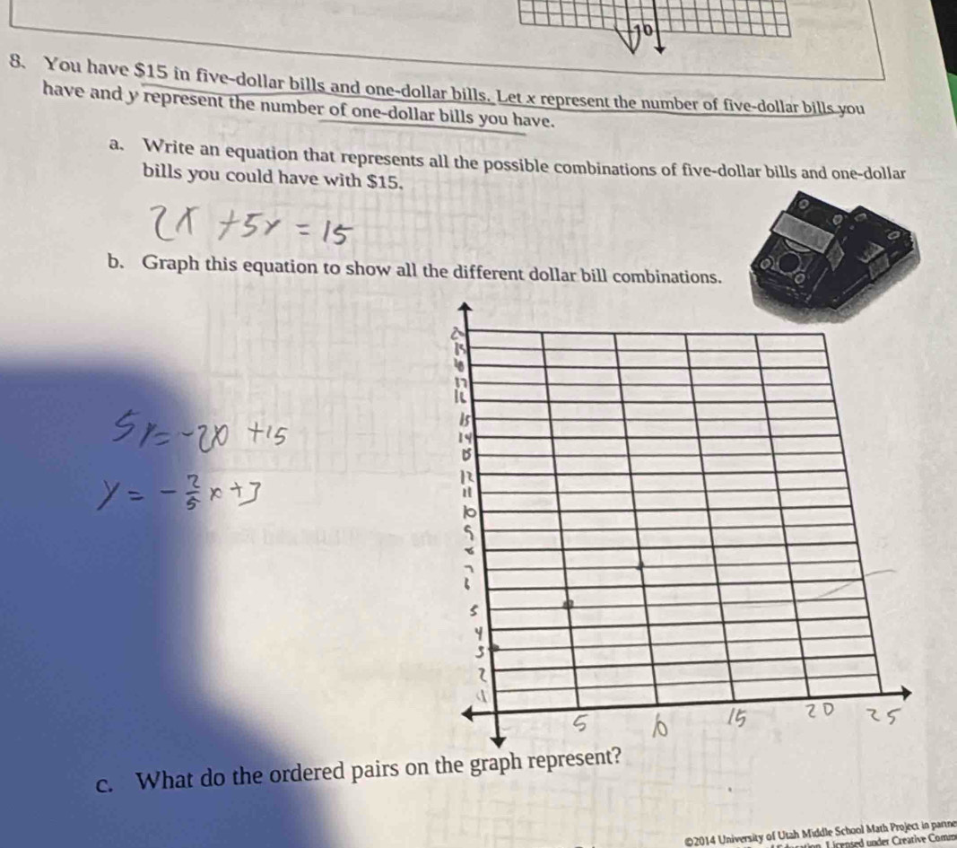 10 
8. You have $15 in five-dollar bills and one-dollar bills. Let x represent the number of five-dollar bills you 
have and y represent the number of one-dollar bills you have. 
a. Write an equation that represents all the possible combinations of five-dollar bills and one-dollar
bills you could have with $15. 
b. Graph this equation to show all the different dollar bill combinations. 
c. What do the ordered pairs on the graph re 
2014 University of Utzh Middle School Math Project in partne 
Licensed under Creative Comm