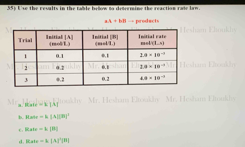 Use the results in the table below to determine the reaction rate law.
aA+bB products
ham Eltoukhy
ham Eltoukhy
Eltoukhy Mr. Hesham Eltoukhy Mr. Hesham Eltoukhy
a. Rate =k[A]
b. Rate=k[A][B]^2
c. Rate=k[B]
d. Rate=k[A]^2[B]