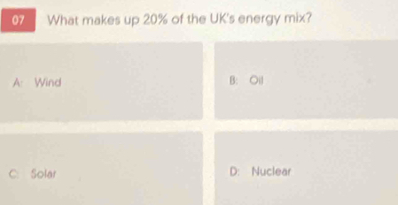 What makes up 20% of the UK's energy mix?
A: Wind B: Oil
Solar D: Nuclear