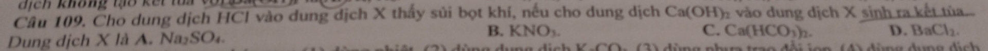 dịch không tạo kết tử
Câu 109. Cho dung dịch HCI vào dung dịch X thấy sủi bọt khí, nếu cho dung dịch Ca(OH)₂ vào dung dịch X sinh ra kết tủa..
Dung dịch X là A. Na₂SO₄.
B. KNO_3. C. Ca(HCO_3)_2. D. BaCl_2. 
e n ( din g dưng dich