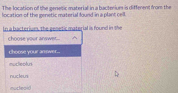 The location of the genetic material in a bacterium is different from the
location of the genetic material found in a plant cell.
In a bacterium, the genetic material is found in the
choose your answer...
choose your answer...
nucleolus
nucleus
nucleoid