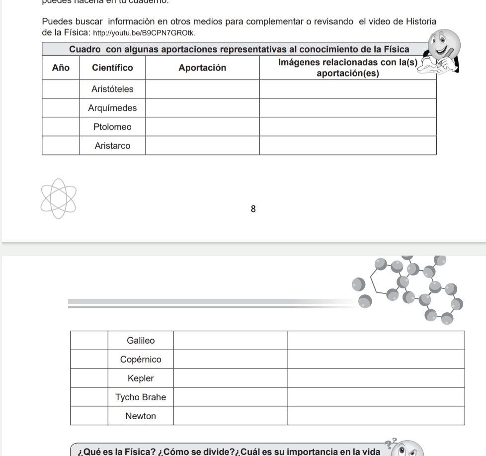 puedes nacena en tu cuademo. 
Puedes buscar información en otros medios para complementar o revisando el video de Historia 
de la Física: http://youtu.be/B9CPN7GROtk. 
8 
¿Qué es la Física? ¿ Cómo se divide? ¿ Cuál es su importancia en la vida