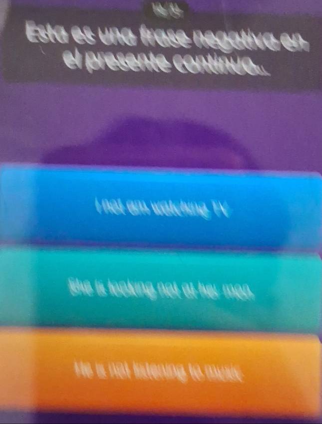 Esta es una frase nº
el pres le a a
I not am watching TV
She is looking not at her mon.
He is not listening to music