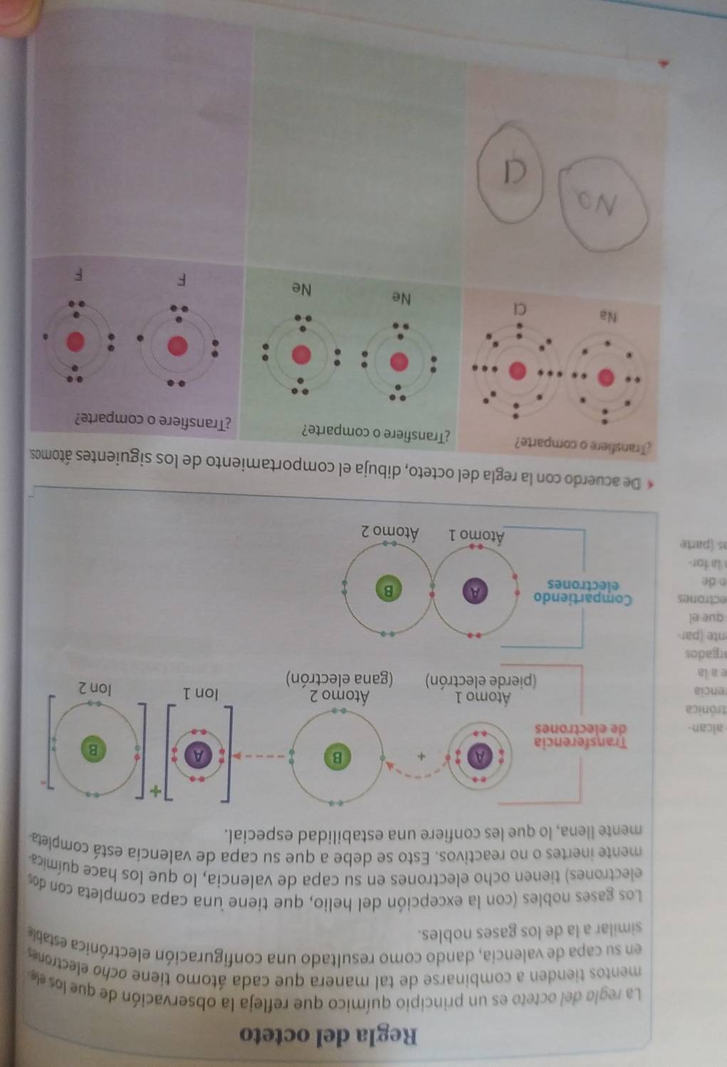 Regla del octeto 
La reglo del octeto es un principio químico que refleja la observación de que los el 
mentos tienden a combinarse de tal manera que cada átomo tiene ocho electrones 
en su capa de valencia, dando como resultado una configuración electrónica estable 
similar a la de los gases nobles. 
Los gases nobles (con la excepción del helio, que tiene una capa completa con dos 
electrones) tienen ocho electrones en su capa de valencia, lo que los hace química 
mente inertes o no reactivos. Esto se debe a que su capa de valencia está completa 
mente llena, lo que les confiere una estabilidad especial. 
+ B 
1 A 
Transferencia 
alcan de electrones 
trónica Átomo 2
Átomo 1
encia lon 1
(pierde electrón) 
e a la (gana electrón) 
argados 
nte (par- 
que el 
ectrones Compartiendo a 
n de electrones 
B 
la for 
as (parte Átomo 1 Átomo 2
« De acuerdo con la regla del octeto, dibuja el comportamiento de los siguientes átomos