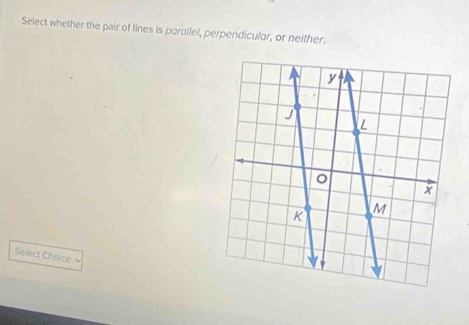 Select whether the pair of lines is parallel, perpendicular, or neither. 
Select Cholce 