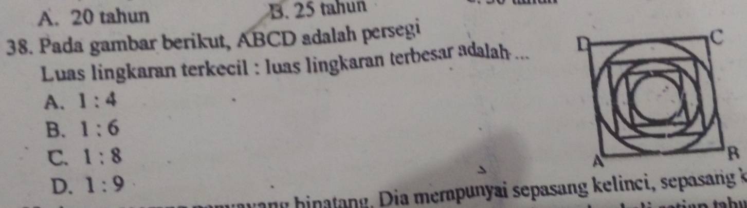 A. 20 tahun B. 25 tahun
38. Pada gambar berikut, ABCD adalah persegi
Luas lingkaran terkecil : luas lingkaran terbesar adalah ...
A. 1:4
B. 1:6
C. 1:8
D. 1:9
r gh ang. D ia merpunyai sepasang kelinci, sepasang k