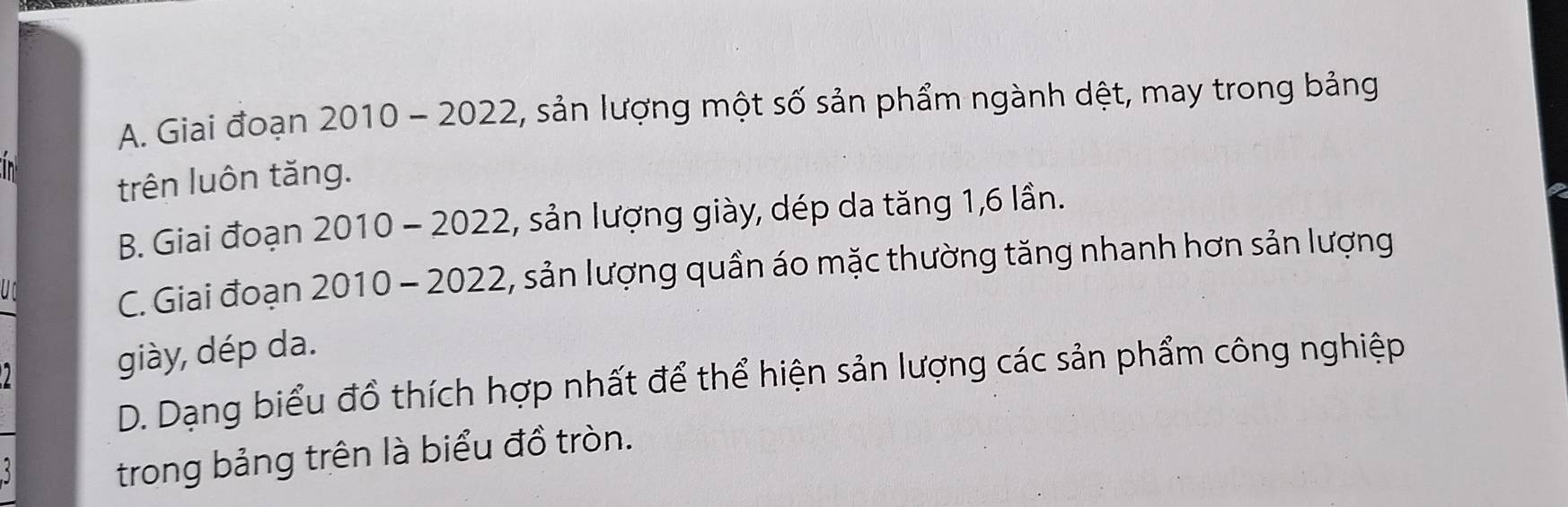 A. Giai đoạn 2010 - 2022, sản lượng một số sản phẩm ngành dệt, may trong bảng
i 
trên luôn tăng.
B. Giai đoạn 2010 - 2022, sản lượng giày, dép da tăng 1, 6 lần.

C. Giai đoạn 2010 - 2022, sản lượng quần áo mặc thường tăng nhanh hơn sản lượng
giày, dép da.
D. Dạng biểu đồ thích hợp nhất để thể hiện sản lượng các sản phẩm công nghiệp
trong bảng trên là biểu đồ tròn.