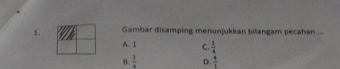 Gambar disamping menunjukkan bilangam pecahan ...
A. 1
C.  1/4 
8.  3/4   4/1 
D.