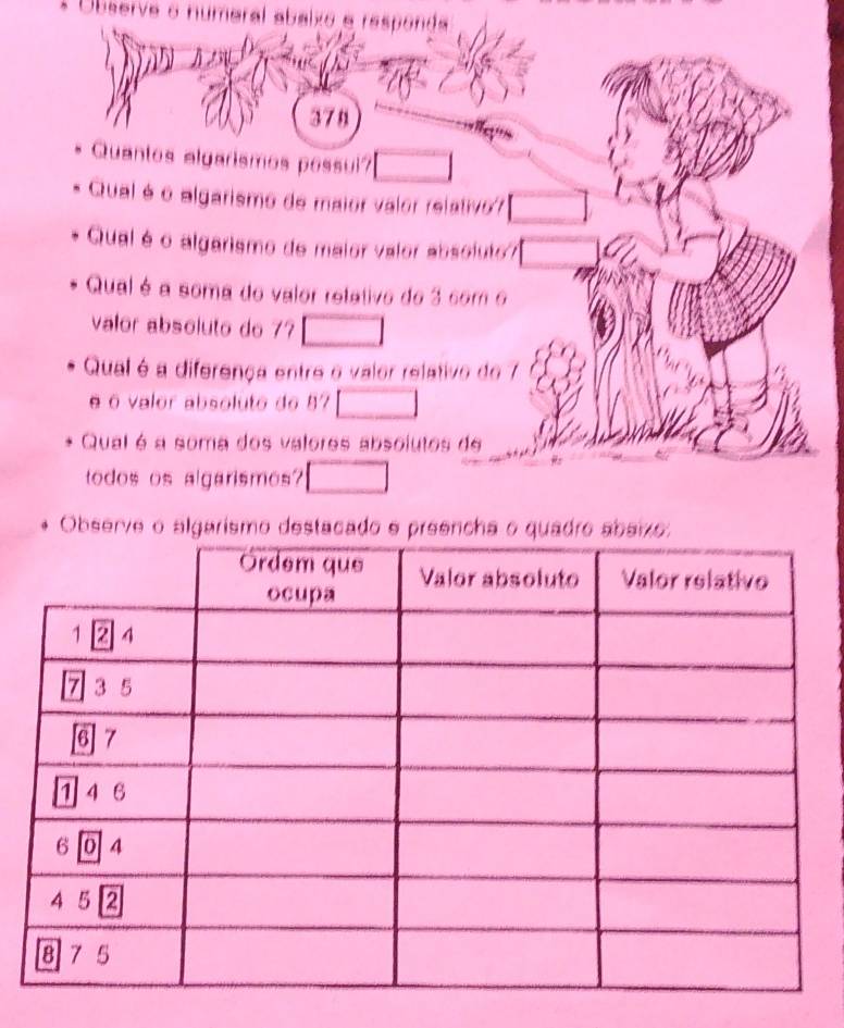 Observe o numeral abalxo e responds
378
Quantos algarismos possul? □ 
Qual é o algarismo de maior valor relativo □ 
Qual é o algarismo de maior valor absoluto □ 
Qual é a soma do valor retetivo do 3 com o 
valor absoluto do 7 □
Qual é a diferença entre o valor relativo de 7
é o valor absoluto do 87 □
Qual é a soma dos valores absolutos de 
todos os algarismos? □ 
Observe o algarismo destacad