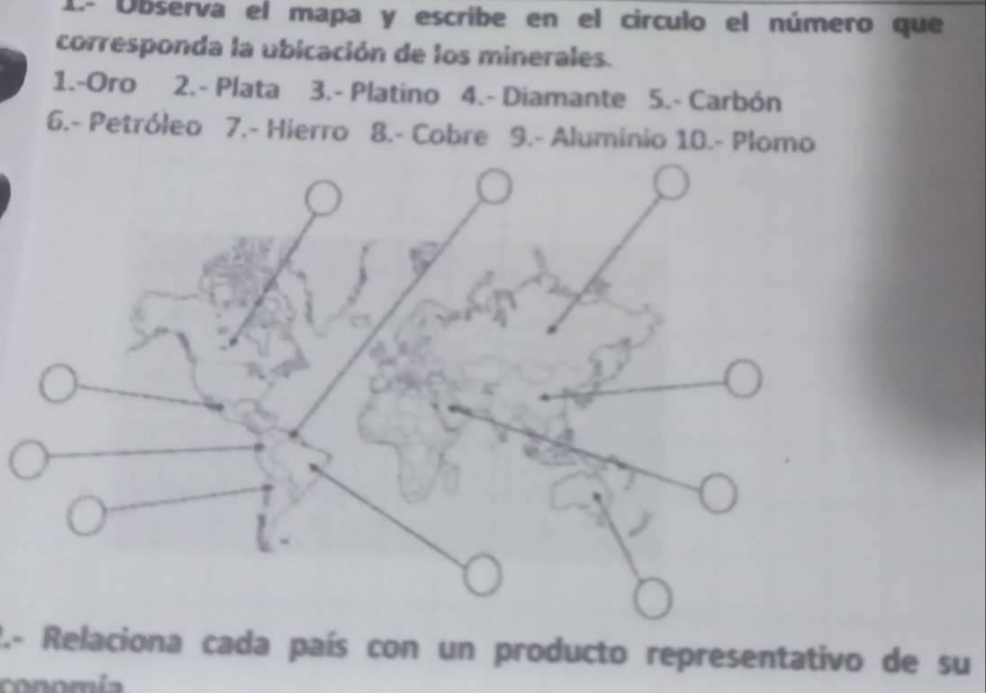 Observa el mapa y escribe en el circulo el número que 
corresponda la ubicación de los minerales. 
1.-Oro 2.- Plata 3.- Platino 4.- Diamante 5.- Carbón 
6.- Petróleo 7.- Hierro 8.- Cobre 9.- Aluminio 10.- Plomo 
J.- Relaciona cada país con un producto representativo de su 
conomí