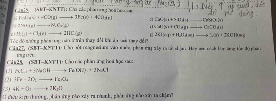 êu 
đối 
Câu26. (SBT-KNTT): Cho các phân ứng hoá học sau: 
ên 
a) Fe_3O_4(s)+4CO(g)to 3Fe(s)+4CO_2(g) d) CaO(s)+SiO_2(s)to CaSiO_3(s)
lôi b) 2NO_2(g)to N_2O_4(g)
e) CaO(s)+CO_2(g)to CaCO_3(s)
c ) H_2(g)+Cl_2(g)to 2HCl(g) g) 2KI(aq)+H_2O_2(aq)to I_2(s)+2KOH(aq)
Tốc độ những phản ứng nào ở trên thay đổi khi áp suất thay đổi? 
Câu27, (SBT-KNTT): Cho bột magnesium vào nước, phản ứng xây ra rắt chậm. Hãy nêu cách làm tăng tốc độ phân 
ứng trên 
Câu28. (SBT-KNTT): Cho các phản ứng hoá học sau: 
(1) FeCl_3+3NaOHto Fe(OH)_3+3NaCl
(2) 3Fe+2O_2to Fe_3O_4
(3) 4K+O_2to 2K_2O
Ở điều kiện thường, phản ứng nào xảy ra nhanh, phản ứng nào xảy ra chậm?