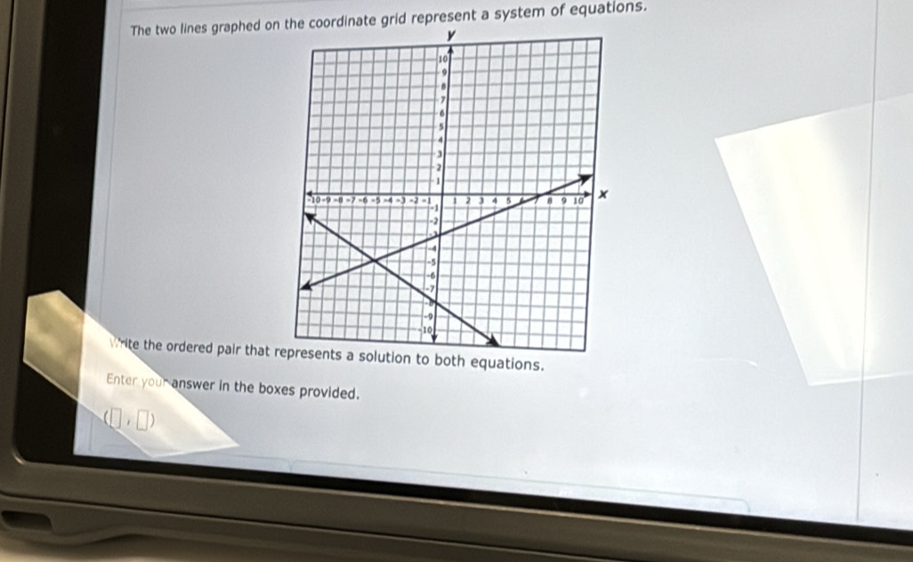 The two lines graphed on the coordinate grid represent a system of equations. 
write the ordered pair that o both equations. 
Enter your answer in the boxes provided.
(□ ,□ )