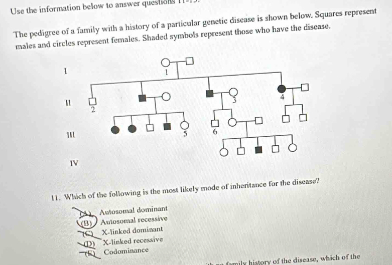 Use the information below to answer questions 1-1
The pedigree of a family with a history of a particular genetic disease is shown below. Squares represent
males and circles represent females. Shaded symbols represent those who have the disease.
11. Which of the following is the most likely mode of inheritance for the disease?
(A) Autosomal dominant
(B) Autosomal recessive
(C) X -linked dominant
(D) X -linked recessive
(R) Codominance
family history of the disease, which of the