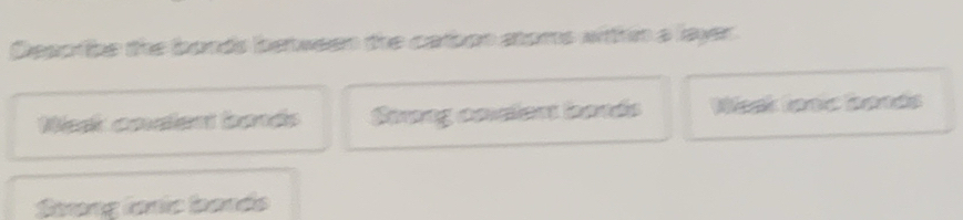 Describe the bonds between the catbon stoms within a layer. 
Wesk covelent bands Sovng covlent barés Wesk lạợc Dands 
Strong lanic bards