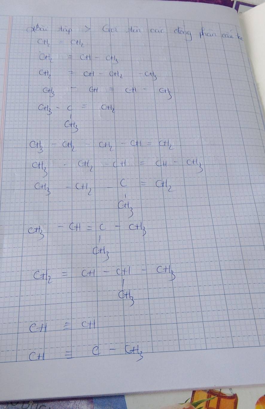 (hāu tāg go lēn cao dóng pān cau b
CH_2=CH_2
CH_2=CH-CH_3
CH_2=CH-CH_2-CH_3
Gl_3-GH=CH-Gl_3
CH_3-C=CH_2
CH_3
CH_3-CH_2-CH_2-CH=CH_2
CH_3-CH_2-CH=CH-CH_3
CH_3-CH_2-C=CH_2
frac 1/2x^1/2=-1/2(-x^1/2x^2 CH_3
CH^-_3-c-cH=frac cCH_3
□°□ -□ 
CHequiv CH
CH=CH3