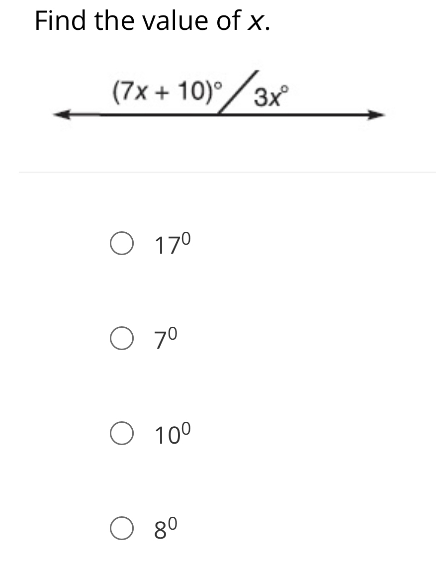 Find the value of x.
17°
7^0
10^0
8^0