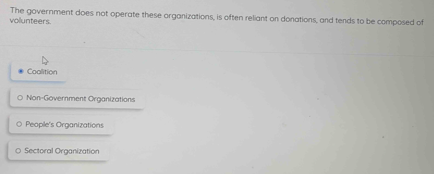 The government does not operate these organizations, is often reliant on donations, and tends to be composed of
volunteers.
Coalition
Non-Government Organizations
People's Organizations
Sectoral Organization