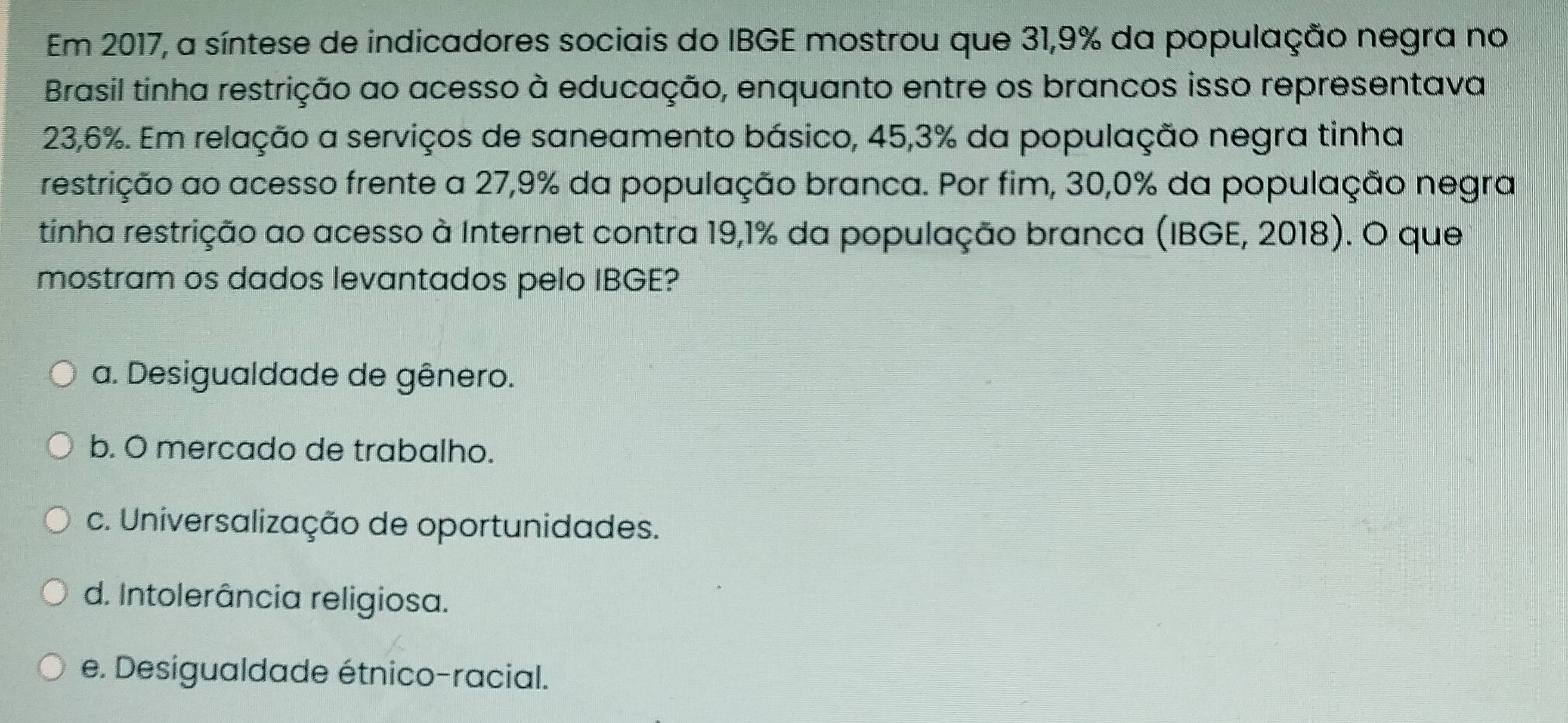 Em 2017, a síntese de indicadores sociais do IBGE mostrou que 31,9% da população negra no
Brasil tinha restrição ao acesso à educação, enquanto entre os brancos isso representava
23,6%. Em relação a serviços de saneamento básico, 45,3% da população negra tinha
restrição ao acesso frente a 27,9% da população branca. Por fim, 30, 0% da população negra
tinha restrição ao acesso à Internet contra 19,1% da população branca (IBGE, 2018). O que
mostram os dados levantados pelo IBGE?
a. Desigualdade de gênero.
b. O mercado de trabalho.
c. Universalização de oportunidades.
d. Intolerância religiosa.
e. Desigualdade étnico-racial.