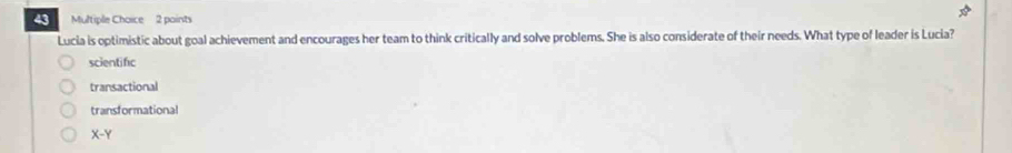 Lucia is optimistic about goal achievement and encourages her team to think critically and solve problems. She is also considerate of their needs. What type of leader is Lucia?
scientific
transactional
transformational
X-Y