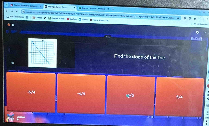 Finding Sopeusing a graph o X Playing a Game - Quizizz Deamoa| Sicienzfic Caloulator
quizizz.com/join/gamo/U2FsdGVkX1%252BRHkB9IQ01PKP20dW%252Bzuz9hbN31oH%252FV4r3yFERSTwGjksnkv3w%252FCr5q48YcafD7JQe7phZa%252FBr%252B
BCP S Sookmańks Clarses Campus Studens Yau Tub= Dooke Nedlx- Wanch TV S
40
All Boake
【]
Find the slope of the line.
Q
-5/4 -4/5 /5
5/4
Joshua EXT
8