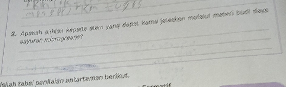 Apakah akhlak kapada alam yang dapat kamu jelaskan melalui materi budi daya 
_ 
_sayuran microgreens? 
_ 
Isilah tabel penilaian antarteman berikut.