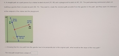 A stnaight path at a park passes by a statue located at point (20,80) and a playground located at(40,20) The park planning commission plans o= 
beelding a gazebo that is located at poin! (90,70) They want to create the shortest path possible fise the gazebo to the parth, and thin want it to inersect 
at the midpoint of the statue and the playgroun 
c ] Knowing that the new path from the pazebo has to be perpendicular to the original oath, what would be lhe slope of the new pach? 
The new path would have s stape at □