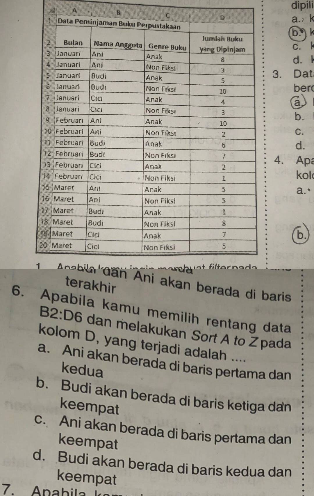 A
B dipili
a. k
b k
c. k
d. l
3. Dat
ber
a
b.
C.
d.
4. Apa
kol
a.`
b.
erakhir
kan berada di baris
6. Apabila kamu memilih rentang data
B2: D6 dan melakukan Sort A to Zpada
kolom D, yang terjadi adalah ....
a. Ani akan berada di baris pertama dan
kedua
b. Budi akan berada di baris ketiga dan
keempat
c. Ani akan berada di baris pertama dan
keempat
d. Budi akan berada di baris kedua dan
keempat
7 A na bila i