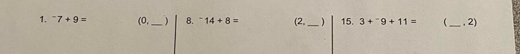 ^-7+9= (0, _) 8. ^-14+8= (2,_ ) 15. 3+^-9+11= ( _, 2)