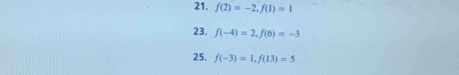 f(2)=-2, f(1)=1
23. f(-4)=2, f(6)=-3
25. f(-3)=1, f(13)=5