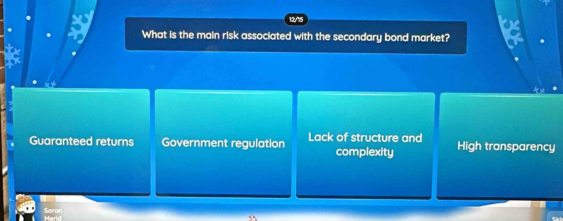 12/15
What is the main risk associated with the secondary bond market?
Guaranteed returns Government regulation Lack of structure and High transparency
complexity
Saron
Merid
Ski