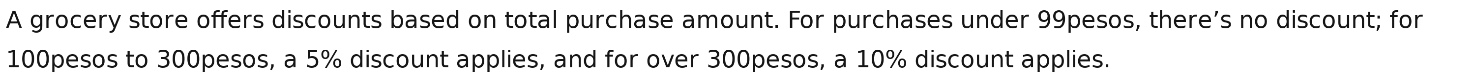 A grocery store offers discounts based on total purchase amount. For purchases under 99pesos, there’s no discount; for
100pesos to 300pesos, a 5% discount applies, and for over 300pesos, a 10% discount applies.