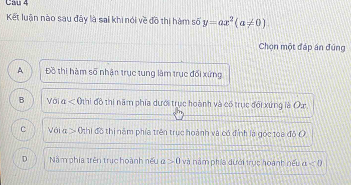 Cau 4
Kết luận nào sau đây là sai khi nói về đồ thị hàm số y=ax^2(a!= 0). 
Chọn một đáp án đúng
A Đồ thị hàm số nhận trục tung làm trục đối xứng.
B Với a< 0thì đồ thị năm phía dưới trục hoành và có trục đối xứng là Ox.
C Với a>0thi đồ thị năm phía trên trục hoành và có đỉnh là góc tọa đô O.
D Nằm phía trên trục hoành nếu a>0 và năm phía dưới trục hoành nếu a<0</tex>