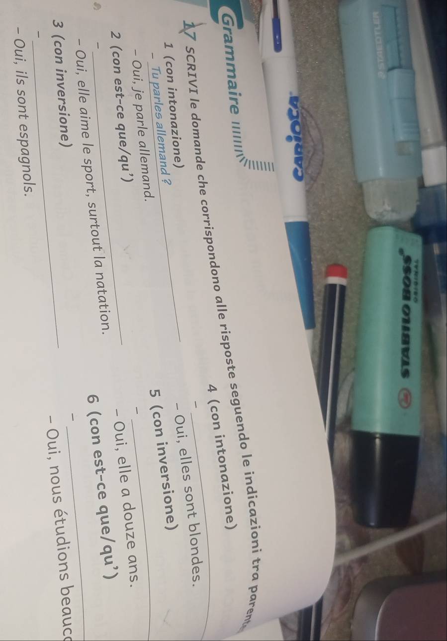 Grammaire .''' 
4 (con intonazione) 
_ 
17 SCRIVI le domande che corrispondono alle risposte seguendo le indicazioni tra parente 

1 (con intonazione) 
- Oui, elles sont blondes. 
5 (con inversione) 
- Tu parles allemand ? 
- Oui, je parle allemand. 

_ 
2 (con est-ce que/qu’) 
- Oui, elle aime le sport, surtout la natation. - Oui, elle a douze ans. 

6 (con est-ce que/qu’) 
3 (con inversione) 

- Oui, nous étudions beauca 

- Oui, ils sont espagnols.