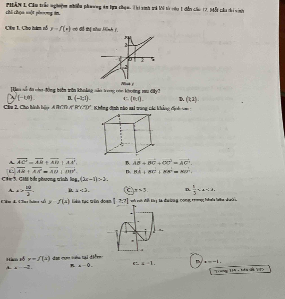 PHÀN I. Câu trắc nghiệm nhiều phương án lựa chọn. Thí sinh trả lời từ câu 1 đến câu 12. Mỗi câu thí sinh
chi chọn một phương án.
Câu 1. Cho hàm số y=f(x) có đồ thị như Hình 1.
Hàm số đã cho đồng biển trên khoảng nào trong các khoảng sau đây?
A (-1;0).
B. (-1;1). C. (0;1). D. (1;2). 
Câu 2. Cho hình hộp ABCD. A' B'C'D'. Khẳng định nào sai trong các khẳng định sau :
,
C
A. vector AC'=vector AB+vector AD+vector AA'. B. vector AB+vector BC+vector CC'=vector AC'.
a vector AB+vector AA'=vector AD+vector DD'.
D. vector BA+vector BC+vector BB'=vector BD'. 
Câu 3. Giải bắt phương trình log _2(3x-1)>3.
A. x> 10/3 .  1/3  .
B. x<3</tex>. C x>3. D.
Câu 4. Cho hàm số y=f(x) liên tục trên đoạn [-2;2] và có đồ thị là đường cong trong hình bên dưới.
Hàm số y=f(x) đạt cực tiểu tại điểm:
A. x=-2. B. x=0. C. x=1. D x=-1. 
Trang 1/4 - Mã đề 105
