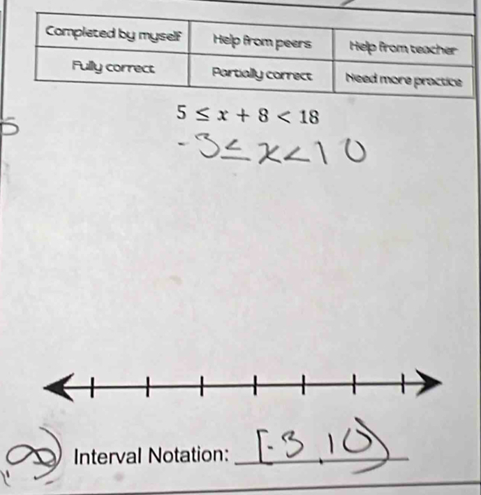 5≤ x+8<18</tex> 
Interval Notation:_