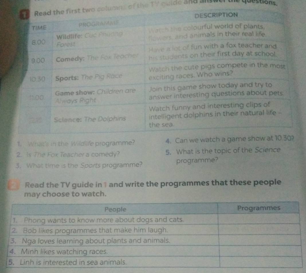 mnt of the TV quide and answer te questions. 
1. What's in the Wildlife programme? 
2. Is The Fox Teacher a comedy? 5. What is the topic of the Science 
3. What time is the Sports programme? programme? 
2 Read the TV guide in 1 and write the programmes that these people 
may choose to watch.