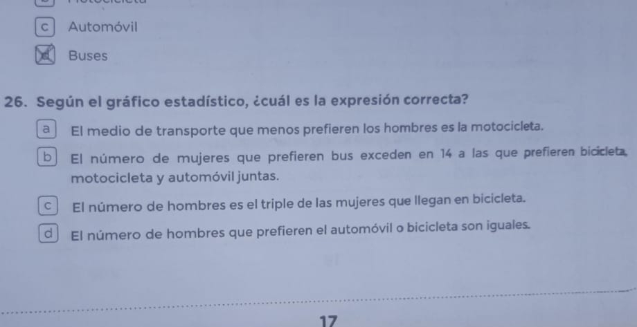 c ] Automóvil
Buses
26. Según el gráfico estadístico, ¿cuál es la expresión correcta?
a El medio de transporte que menos prefieren los hombres es la motocicleta.
b El número de mujeres que prefieren bus exceden en 14 a las que prefieren bicicleta
motocicleta y automóvil juntas.
cEl número de hombres es el triple de las mujeres que llegan en bicicleta.
d El número de hombres que prefieren el automóvil o bicicleta son iguales.
17